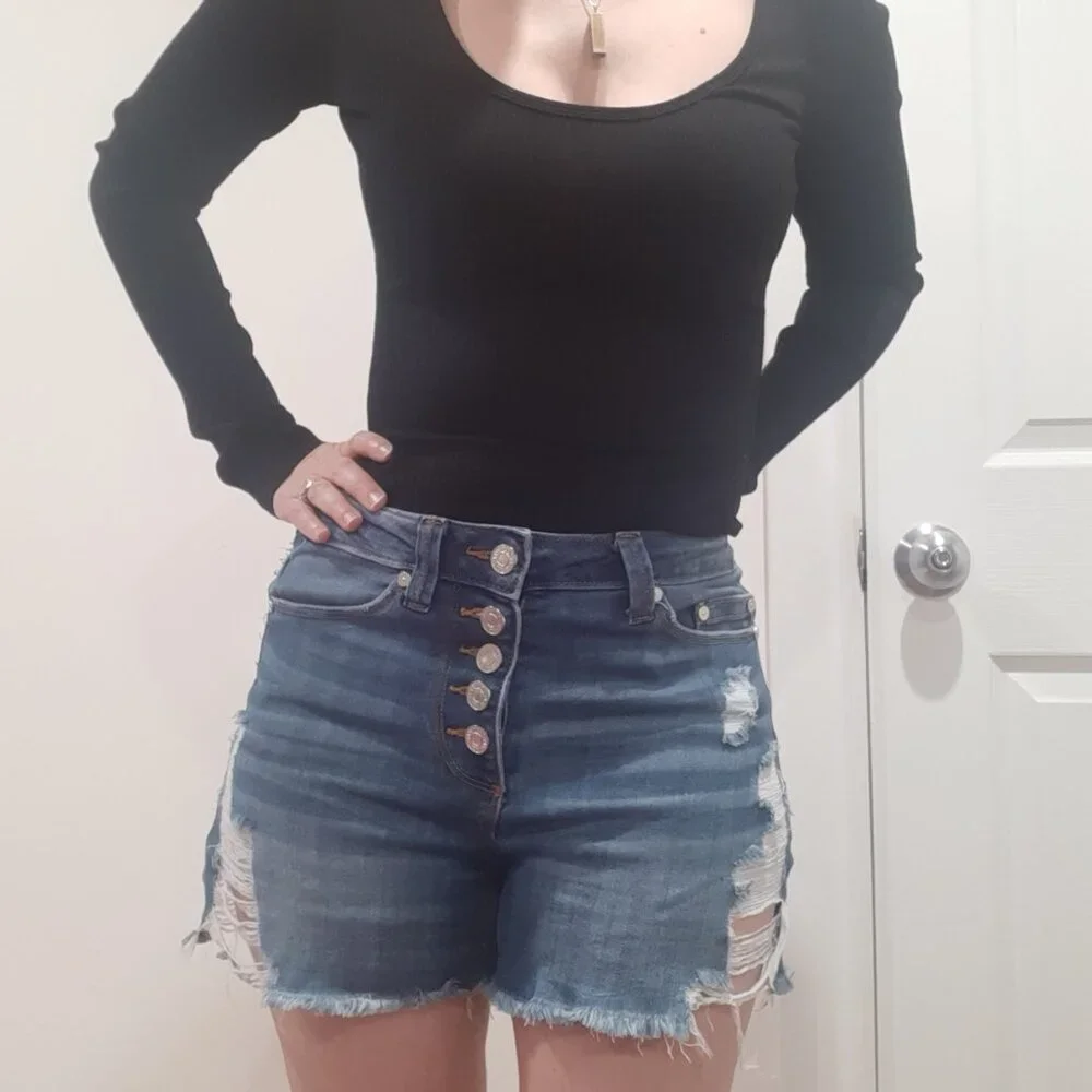 Button fly distressed high rise waisted denim jean shorts medium wash - Picture 10 of 12